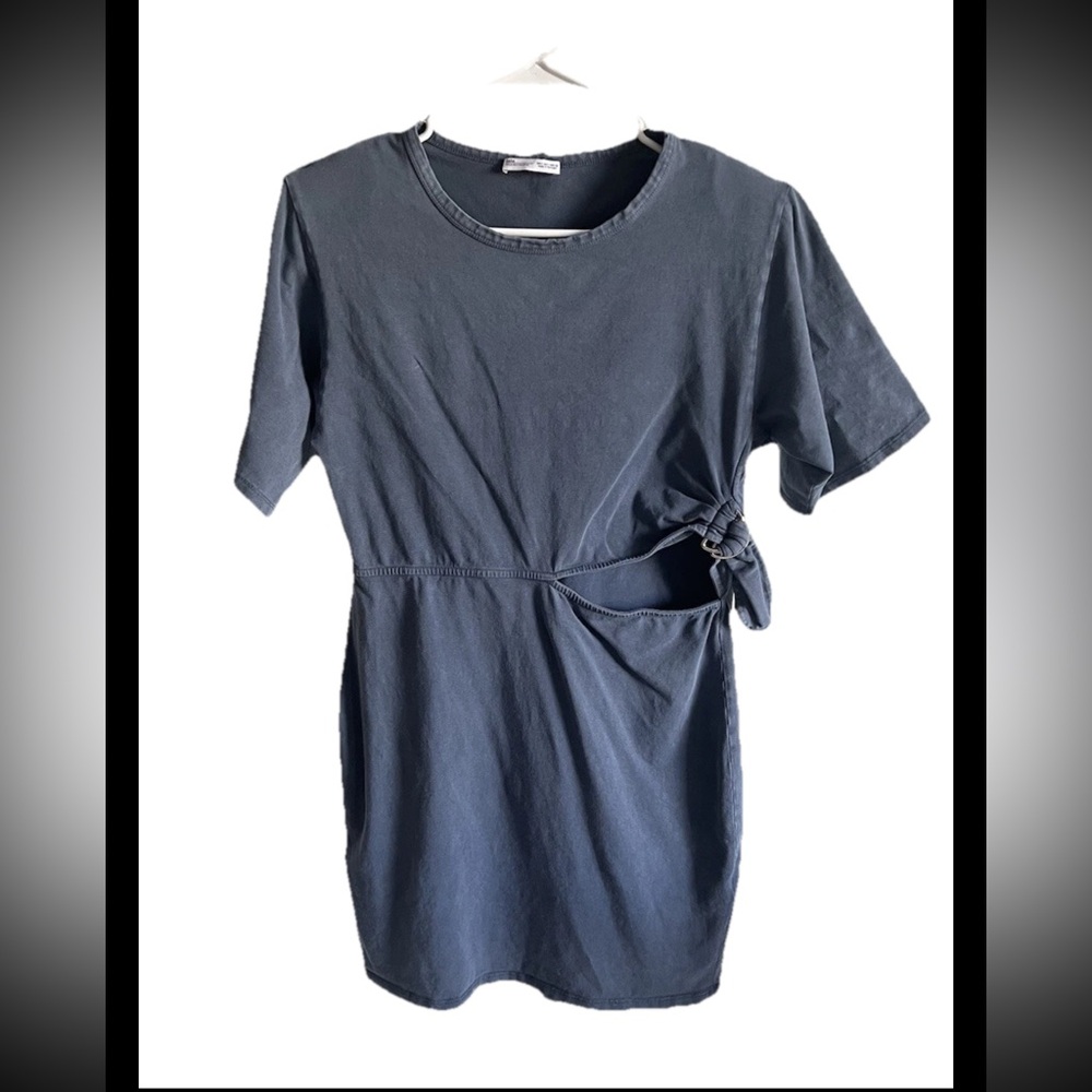 ZARA Light Blue Dress Sz L Mini Short Tshirt Basic Keyhole TieHalf Sleeve Casual